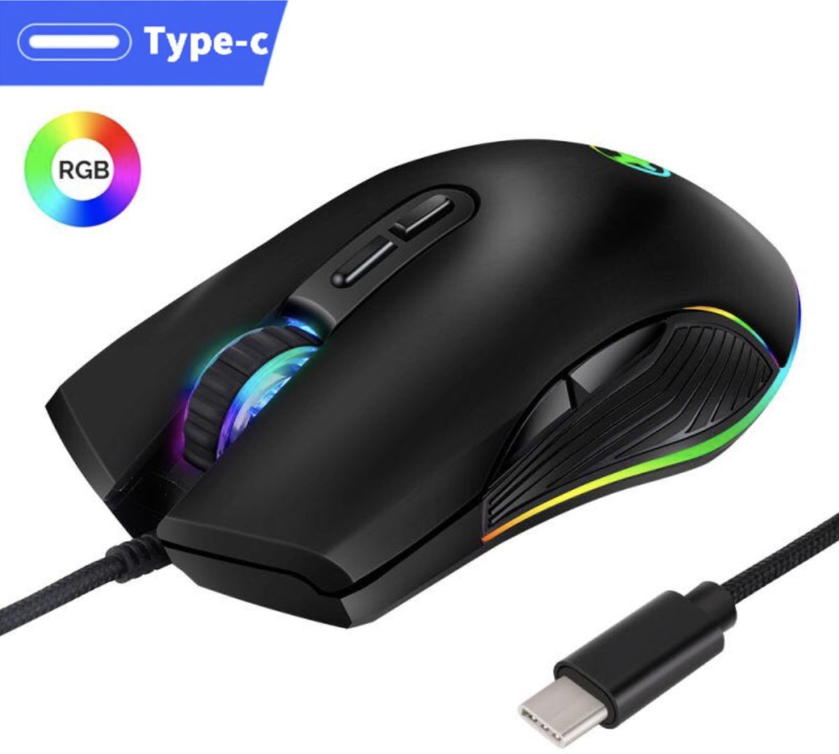 Professionele USB-C Gaming Muis 6D | RGB Backlight Verlichting | 3200 DPI Verstelbaar | Type-C bedraad | Cadeau voor man & vrouw | Zwart